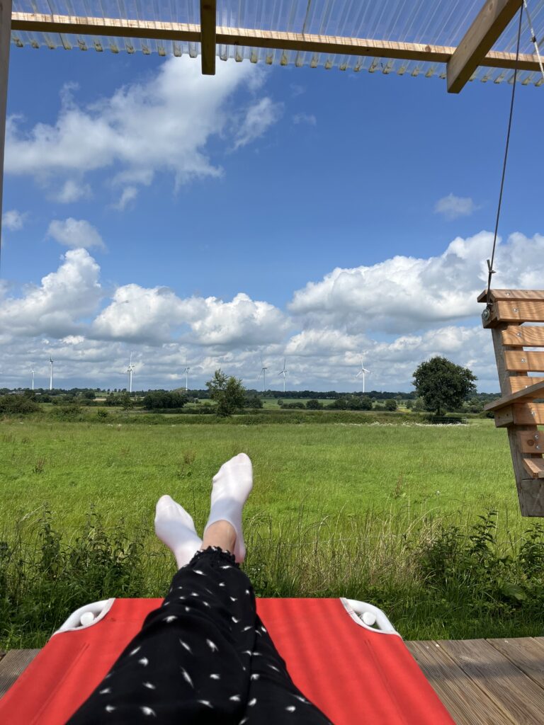 Der Blick vom Tiny House in Schleswig-Holstein über die Felder